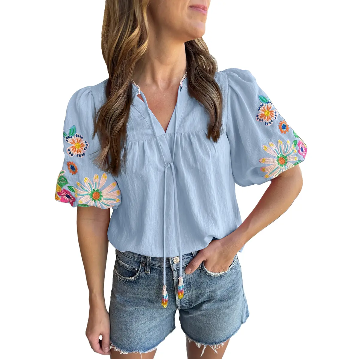 Women's Boho Floral Embroidered Blouse - Feminine V-Neck Tassel Tie Puff Short-Sleeves Crinkle Crepe Summer Shirt with Style Inspo