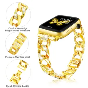 Fashion Metal Strap for Apple Watch Ultra 49Mm Band 45Mm 44Mm 42Mm 41Mm 40Mm 38Mm Compatible with iWatch Series 9 8 7 Se 6 5 4 3 2 1 Classic Chain Design Bling Diamond Rhinestone Premium Stainless Steel Quick Release Buckle