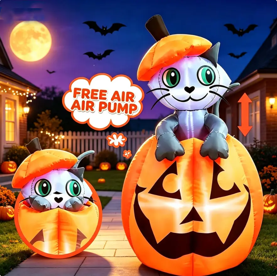 Halloween Inflatable Yard Decorations, Built‑in LED Light, Cute Pumpkin Ghost Cat Design, Quick Inflate for Outdoor Lawn Display, Ideal for Halloween Party & Home Front Porch Decor