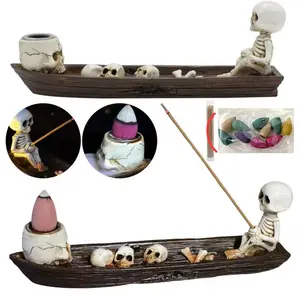 Creative Skull Incense Holder Resin Halloween Decor Skull Incense Burner with Skeleton Ship Design for Spooky Room Decorations