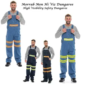 Morrab Men's Hi-Vis Bib Denim Workwear Dungaree Safety Visibility Pants Overalls with Reflective Strips