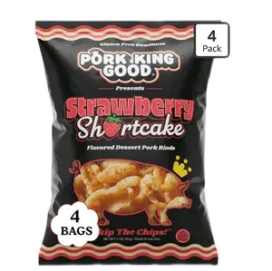 Pork King Good Strawberry Shortcake Pork Rinds (4 Pack), 3 oz Dessert Flavored Chicharrones, Low Carb and Gluten Free Snacks