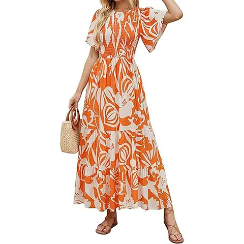 ZESICA Women's 2026 Summer Boho Casual Maxi Dress - Short Flutter Sleeves, Crew Neck, Smocked High Waist, Printed, Stretch Fabric, No Iron, Hang Dry, for Evening, Party