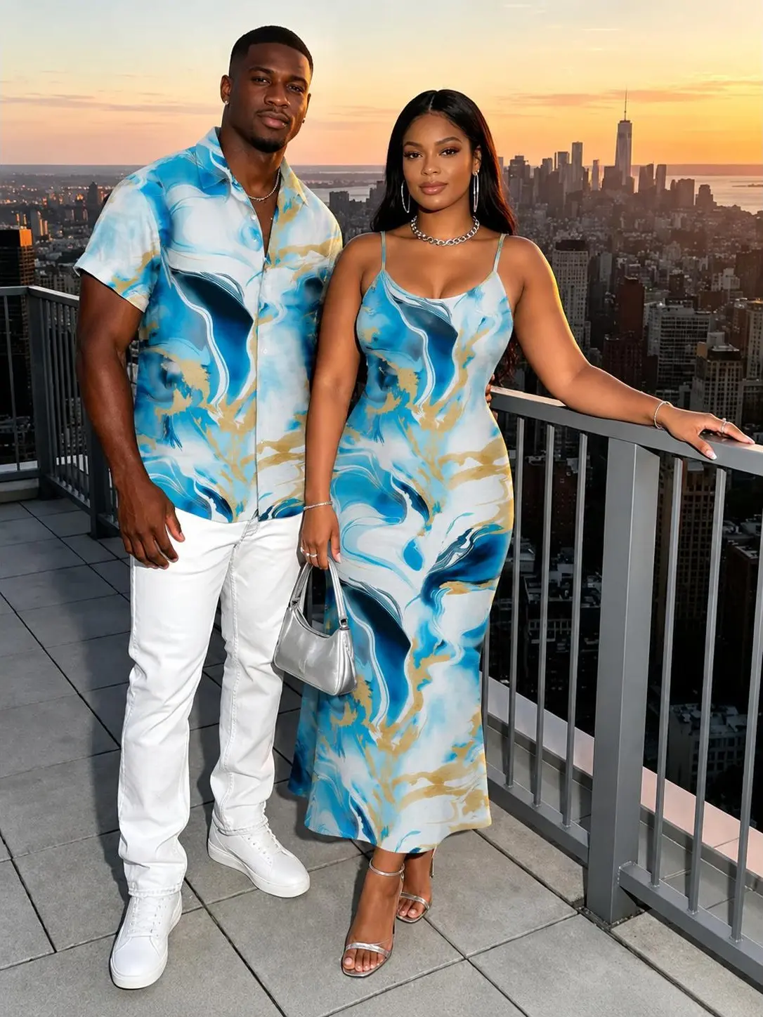 2026 Vacation Matching Couple Outfit Marble Fluid Swirl Tie Dye Print Short Sleeve Shirt & Women Bodycon Mermaid Maxi Dress Matching Set casual style