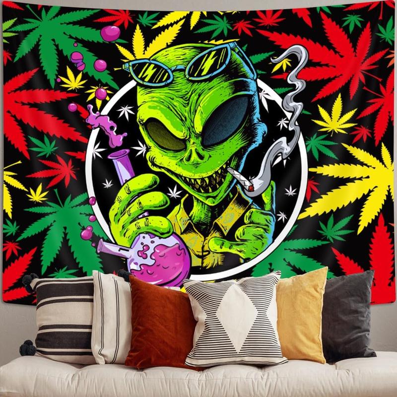 60in x 40in tapestry Wathon Trippy Weed Marijuana Tapestry, Cool Alien Marijuana Leaf Wall Tapestry for Bedroom, Psychedelic Tie Dye Stoner Tapestries for Men Aesthetic Hippie Wall Art Poster Dorm Home Decor