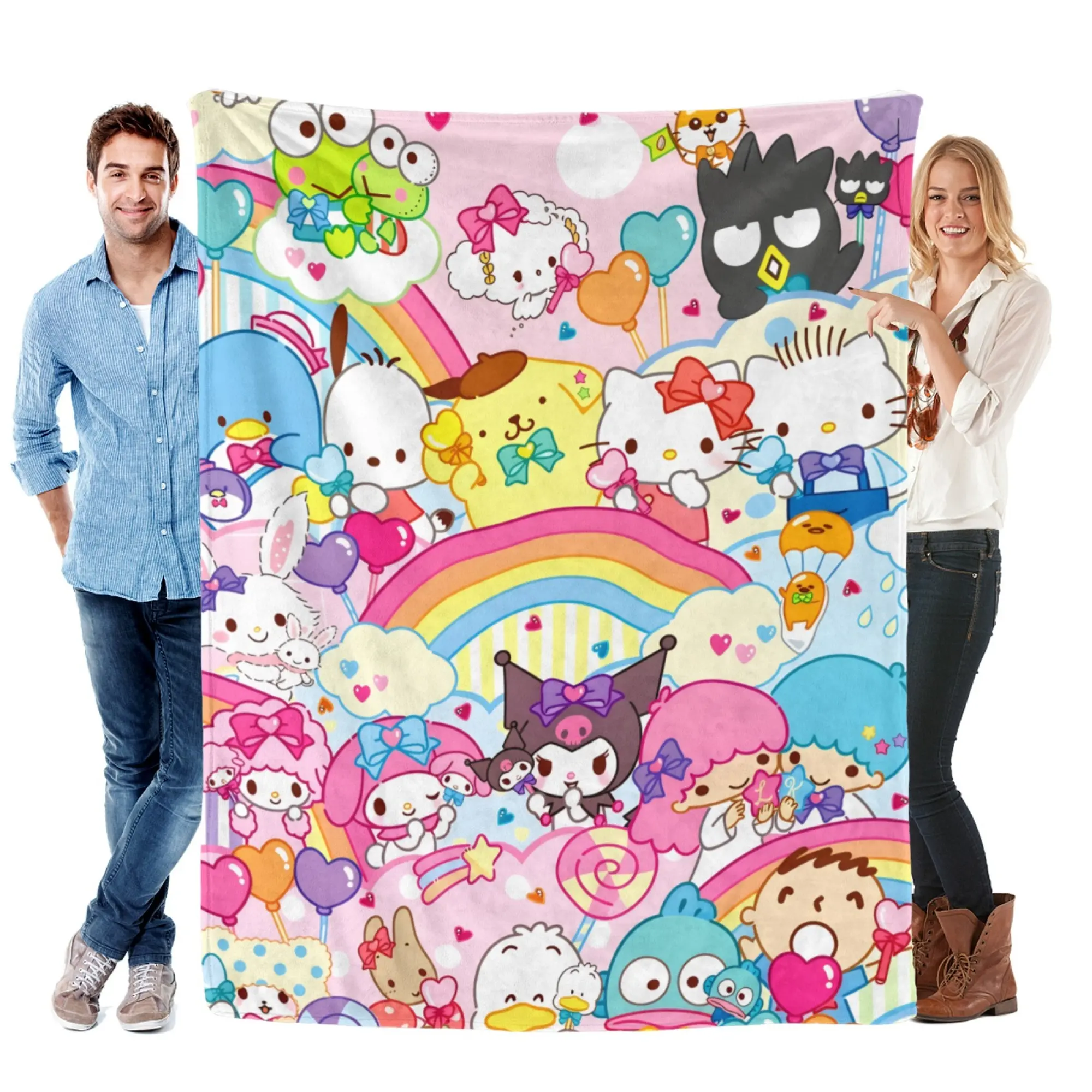 Sanrio Friends Super Soft Flannel Fleece Blanket - Hello Kitty & Kuromi Character Collage, Kawaii Cute Room Decor for Bedroom Decor Ideas, Movie Nights, Cartoon Character