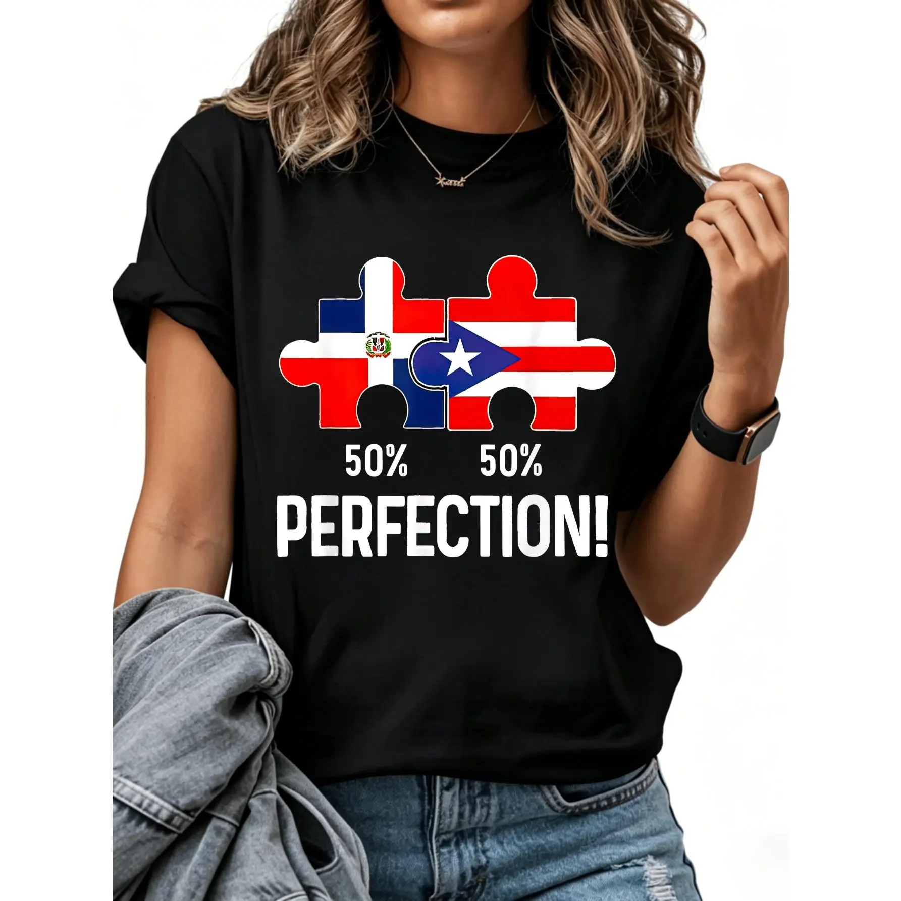 Half Puerto Rican Half Dominican Flag Map Combined PR RD T-Shirt Fitted Short Sleeve Crew Neck Casual Summer Top 220g Pure Cotton Machine Washable