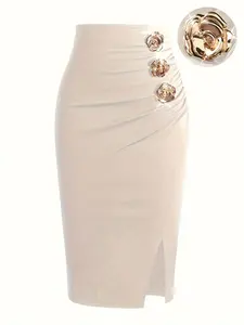Women's Button Design Pencil Skirt, Elegant Fashion Casual Skirt for Daily Outdoor Wear, Ladies Bottoms for All Seasons, Flower Appliques Skirt
