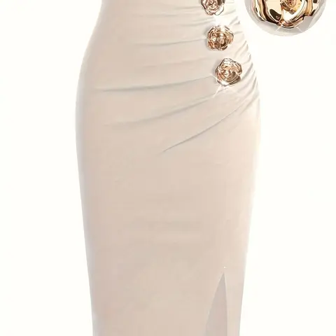 Women's Elegant Slit Midi Skirt, Slim-Fitting A-Line, Vintage French Style, Metal Flower Decoration, High Waist, All Seasons, High Waisted Skirt