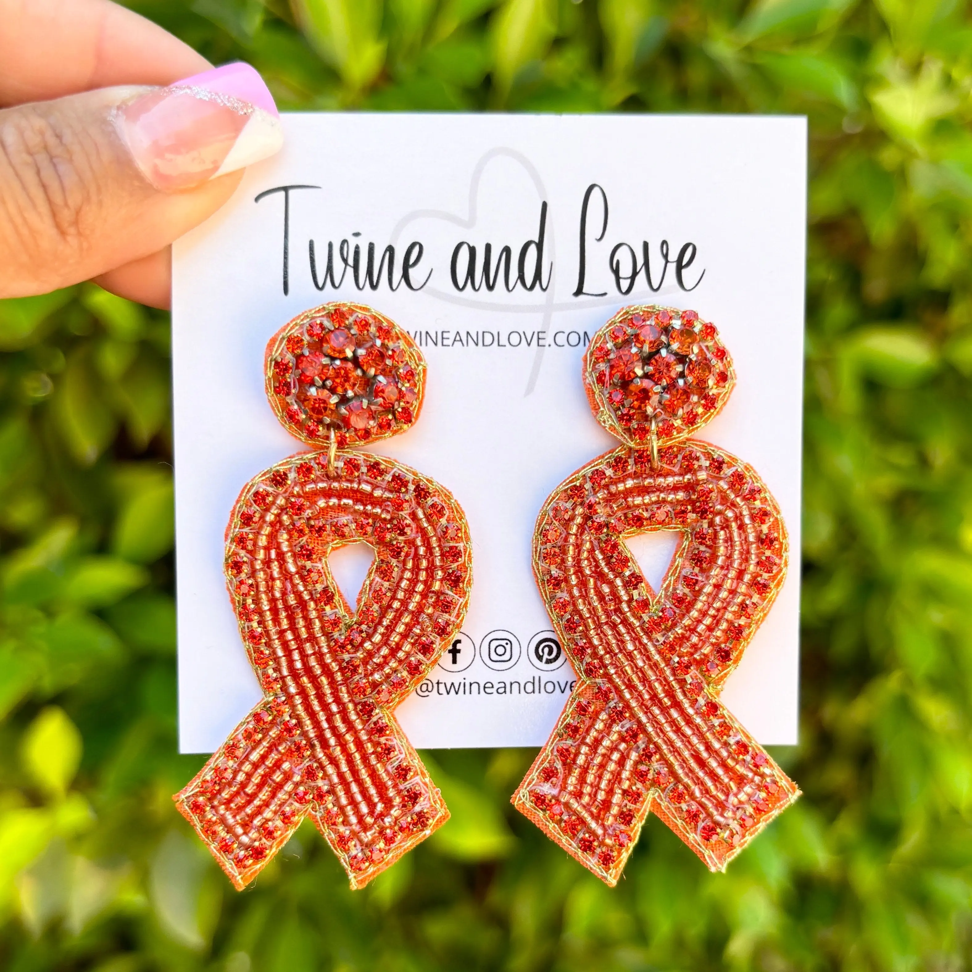 Orange Ribbon Jeweled Beaded Earrings
