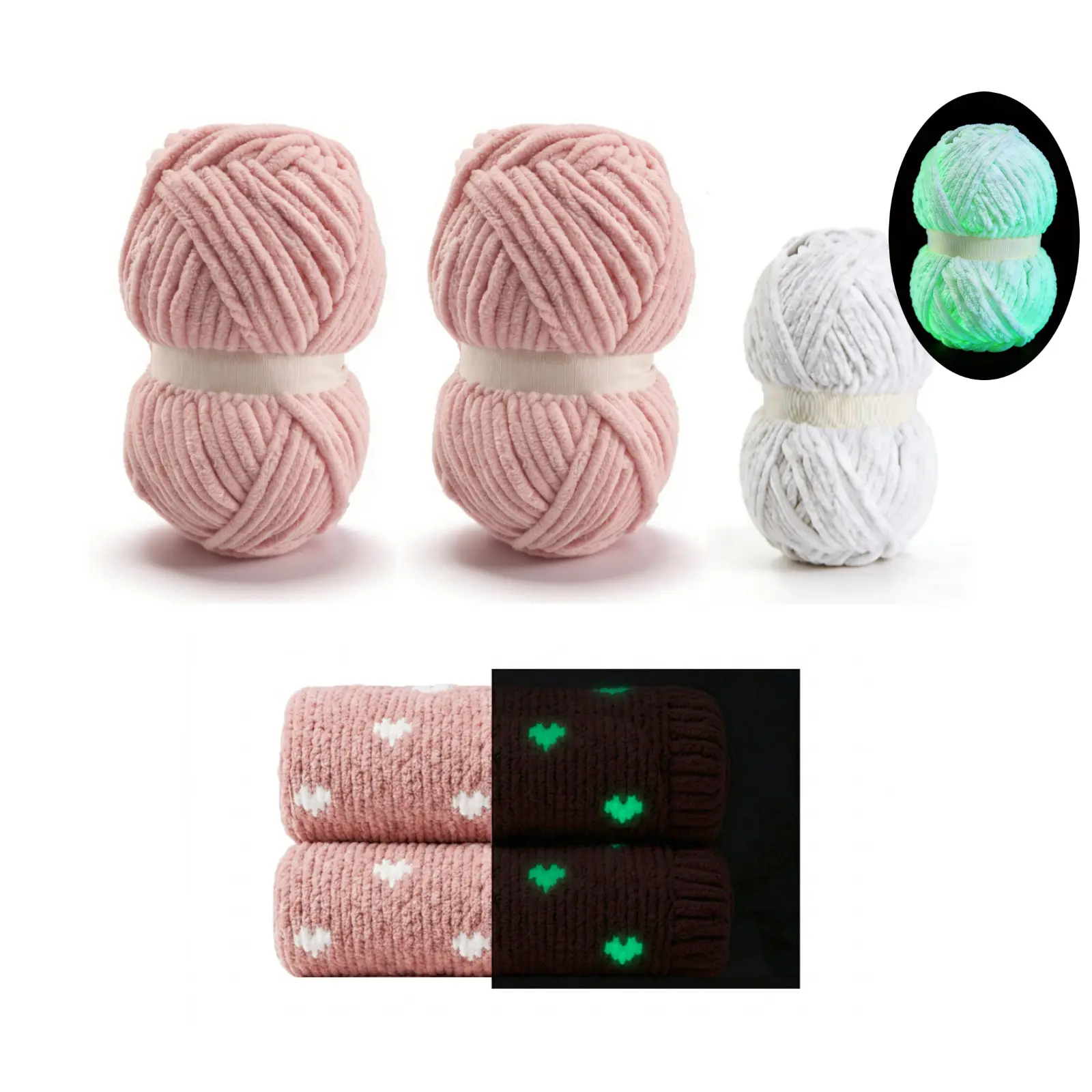 Glow in the Dark 8mm Super Bulky Chenille Yarn Set, 3-Skein Crochet Bundles with 2 Solid Colors & 1 Bright Glowing Plush Velvet, DIY Knitting Supplies for Blanket Creations, Pink