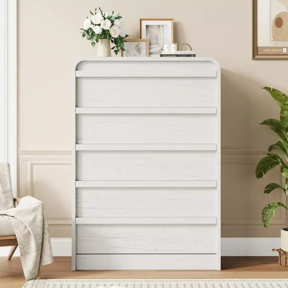 Wood 5-Drawer Arched Dresser with Curved Modern Design, Sturdy Handle-Free Drawer Fronts, Indoor Storage Chest for Living Rooms