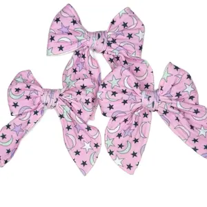 Hair Bow with Alligator Clip Pastel Moon & Star Bow | Alligator Clip Handmade Bow