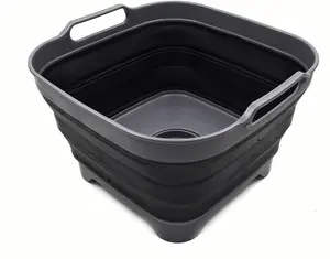 SAMMART 10L (2.64 Gallon) Collapsible Dishpan with Draining Plug - Foldable Washing Basin - Portable Dish Washing Tub - Space Saving Kitchen Storage Tray (1, Grey/Black)