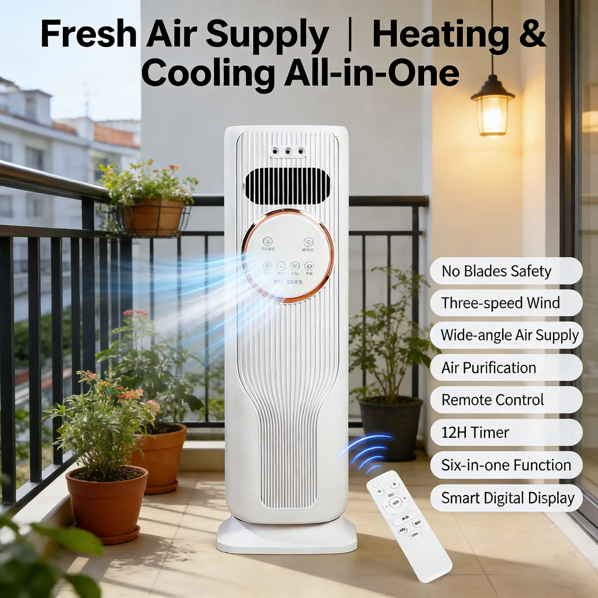 Vertical Oscillating Air Circulator Blade-Free Cool Heat Unit, Ice Water Injection Creates Fresher Wind, Remote Multi-Gear Adjustment Fit Indoor All Scenes