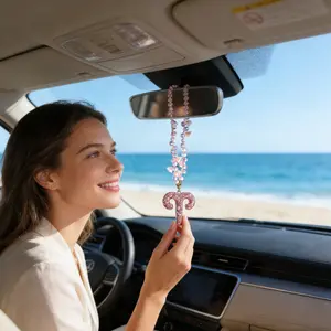 Pink Zodiac Car Mirror Hanging Ornament Rhinestone Horoscope Pendant Cute Car Interior Decoration