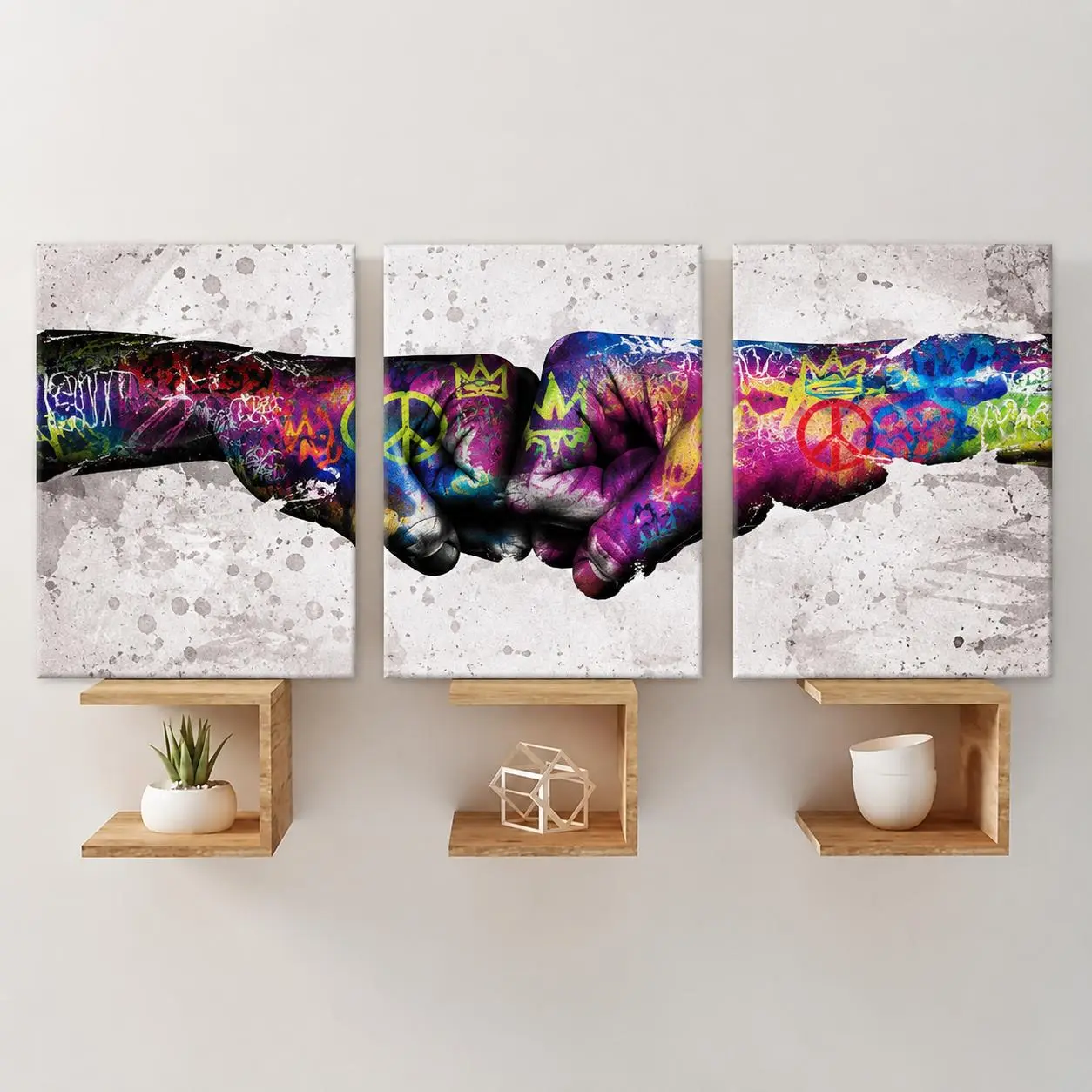 Graffiti Fist Bump Canvas Wall Art 3 Piece Set | Colorful Street Art Painting | Modern Abstract Framed Canvas Prints for Living Room Bedroom Office Decor artistic