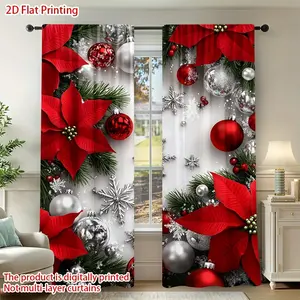 2 pieces,Christmas curtains - red floral snowball pattern - translucent rod pocket design, suitable for living room office bedroom home decoration - easy to install - holiday decoration, Christmas decorations, Christmas gifts are preferred, Window Curtain