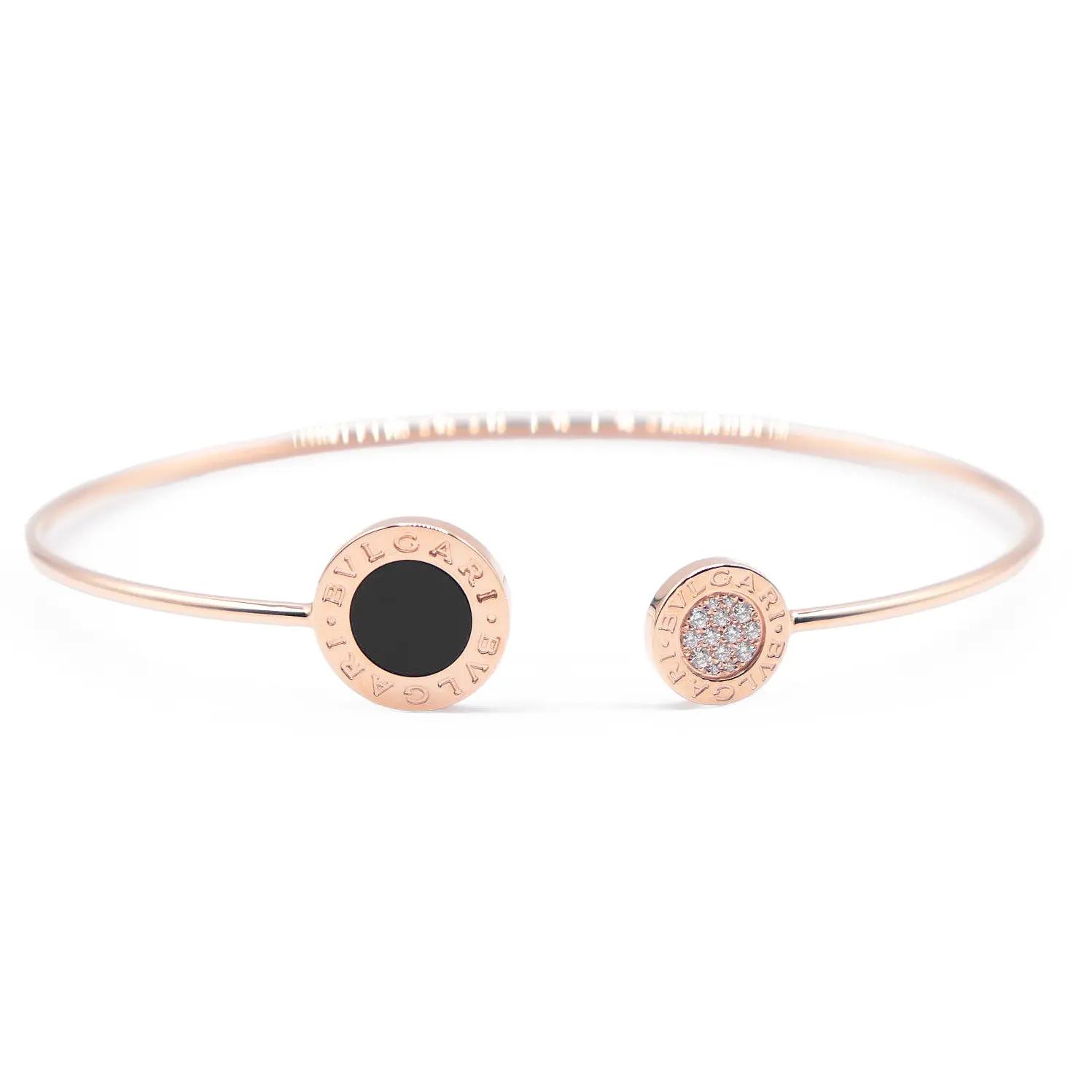 Pre-owned Bvlgari 18K Rose Gold (Au750) Small Leather Goods Au750 Diamond Onyx Bracelet Size 19.5