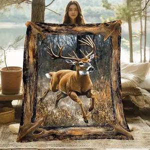 1Pc Deer In Framed Forest Scene Blanket - Elegant Brown/Black/Beige/Gray/-Brown Deer Hunting Lodge Decor - Lightweight Flannel Throw For Couch, Bed, Camping, Office - All-Season Soft Warmth - Machine Washable Indoor/Outdoor Use - Rustic Cabin Decor Gift F