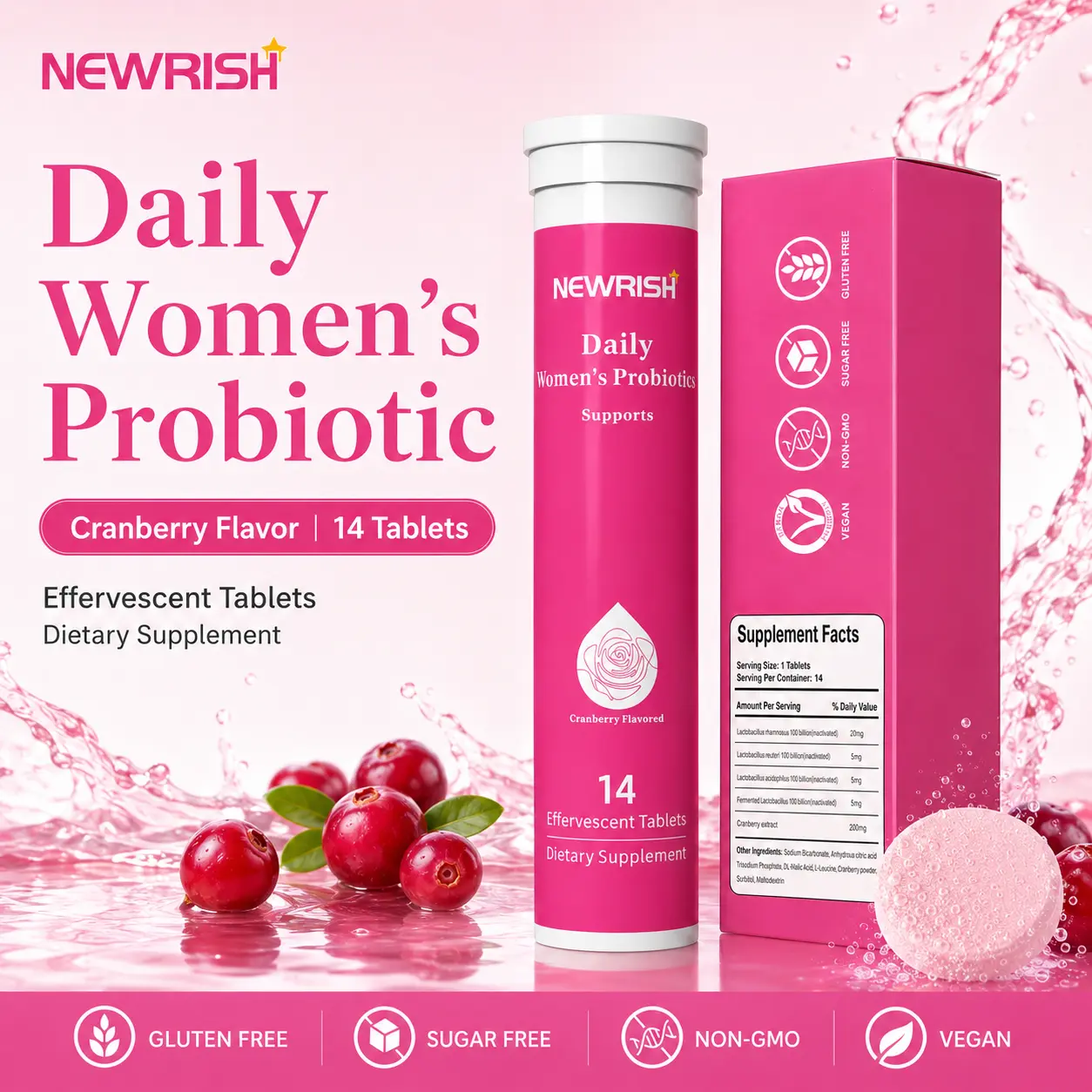 【BUY 1 GET 1】Newrish Women's Vitality Probiotic Effervescent Tablets-Prebiotics in one with Lactic Acid Bacteria Probiotics Compound Formula Designed for Women's pH Balance and Relieving Drying, Cranberry Flavor