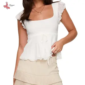 Women's SummerCropped Tops Flying Sleeve Square-Neck Tie Bow Front Jacquard T-Shirt