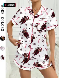 【Christmas Pajamas】Cute Highland Cow Animal Print Short Sleeve Fitted Pajama Set, Comfortable Sleepwear for All Seasons, Christmas Gift