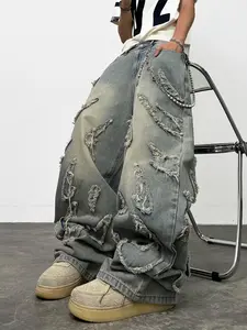 UP.THE Men's Baggy Hip Hop Jeans Vintage Washed Look Distressed Patchwork Design Loose Fit Long Trousers with Multiple Pockets Casual Streetwear Blue Edgy Touch Stylish