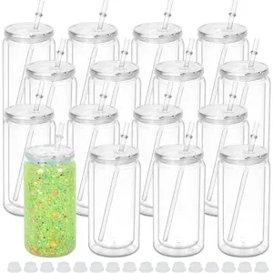 16 oz Plastic Snow Globe Tumbler, 16 Pack Double Wall Snowglobe Tumbler with Pre Drilled Hole, Plastic Mason Jar Cups Can for Snow Globe Glitter DIY (Clear)