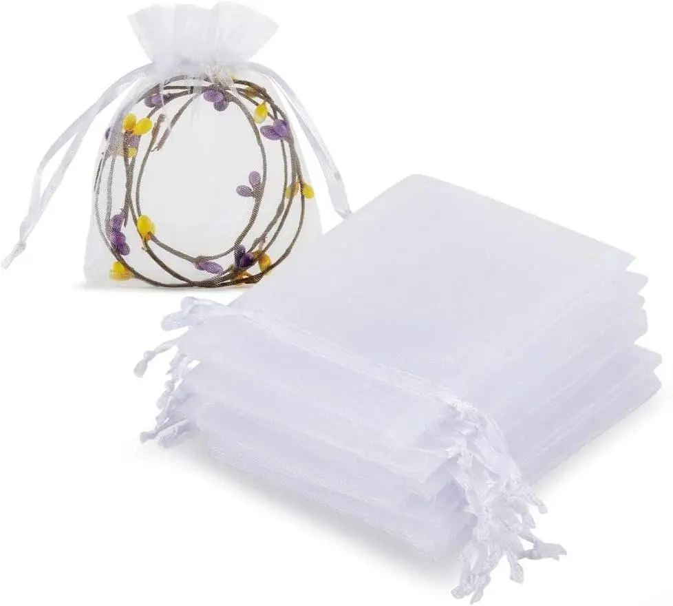 100pcs White Organza Drawstring Jewelry Bags (3x4 in) - Sturdy Construction with Stitches on Both Sides, Easy Closure with Drawstrings, Transparent Mini Pouch for Gift Packaging, Party Gift Packs