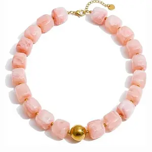 Colorful Beaded Choker Necklace for Women: Boho Large Square Acrylic Beaded Necklace Stainless Steel Adjustable Surfer Beach Strand Necklces Summer Handmade Jewelry Gift for Women