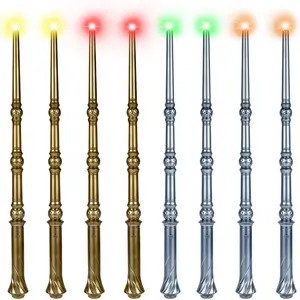 Light Up Magic Wizard Wand with 4 Color Lights & Sound - Set of 8 Illuminating Witch Sorcerer Toys for Kids Cosplay Party, Golden & Silver