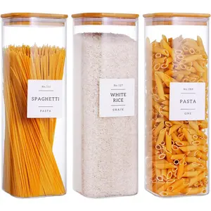 3 Pack Square Kitchen Storage Jars with Airtight Bamboo Lids and 132 Pantry Labels - 80oz Glass Canisters with Wood Lids - Food Storage Containers for Spaghetti, Pasta, Fettuccine