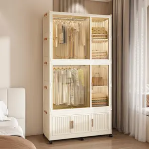 Portable Modern Armoire Wardrobe Closet Storage Organizer for Clothes, Large Collapsible Plastic Wardrobe Closet Armoire with Wheels, Foldable Multiple Shelves Clothes Storage Cabinet with 8 Shelves, 2 Hanging Rods and 6 Hangers