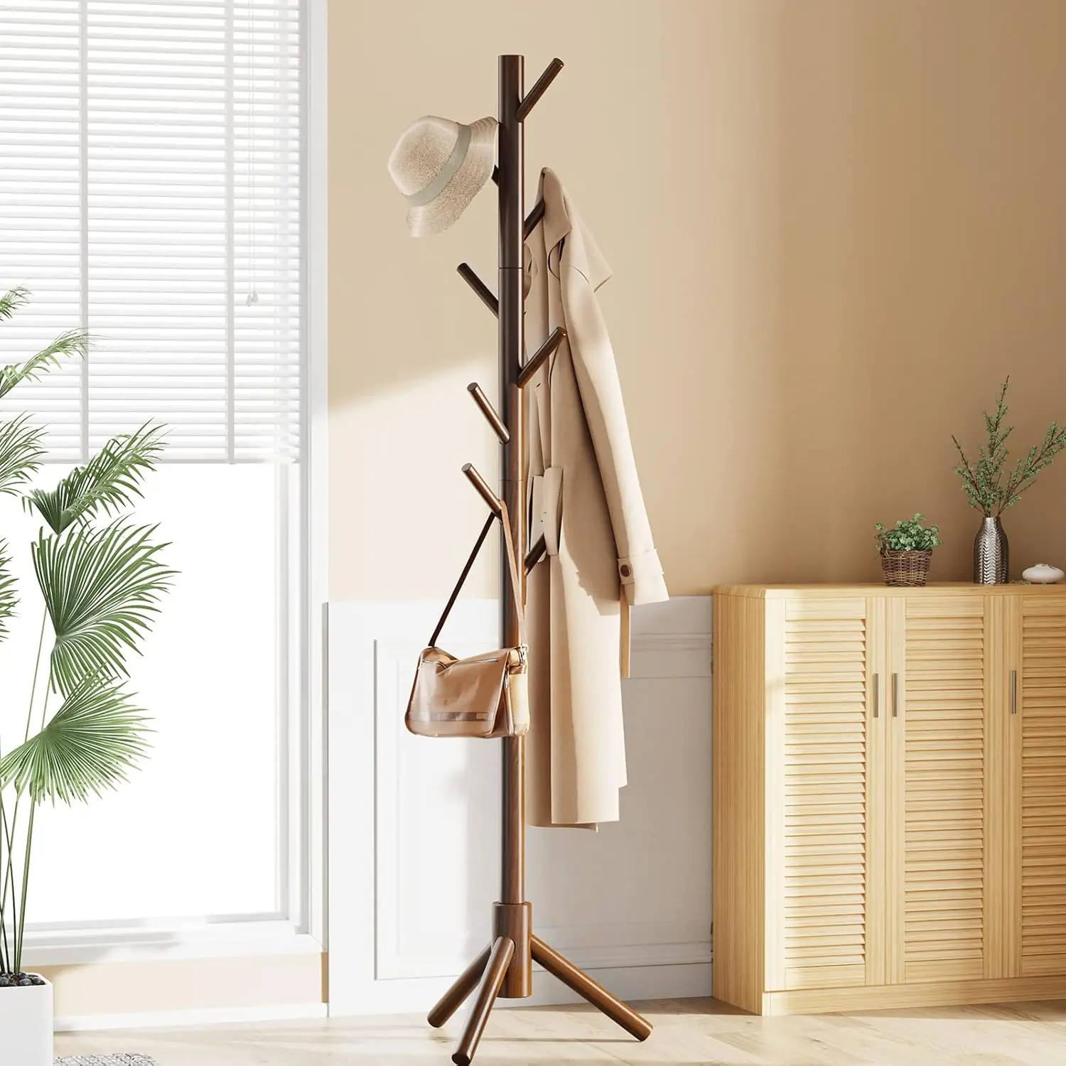 Sturdy Wooden Coat Tree with 8 Hooks, 3 Adjustable Sizes for Clothes, Hat Stand Used in Bedroom/Office/Entryway, Brown