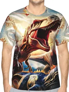 Men'S 3D Full Printed T-Shirt, Dynamic Prehistoric Dinosaur Battle Scene with T-Rex And Spinosaurus, Lightweight Breathable Polyester Graphic Tee for Summer Casual Wear S-3XL
