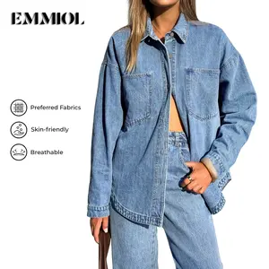 EMMIOL Women Oversized Denim Shirt Jacket Long Sleeve Button Down Distressed Vintage Blue Jean Jacket Streetwear