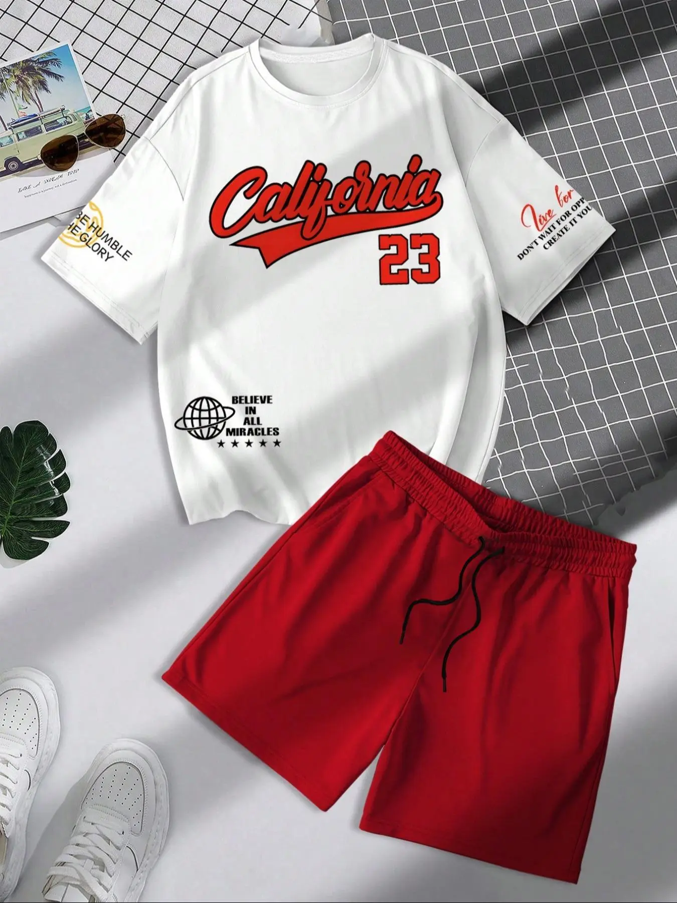 Men's California 23 American Baseball Letter Print Short Sleeve T-Shirt & Shorts 2 Piece Set, Loose Summer Casual Outfit for Street Style, Daily Commute, Campus, Beach & Party