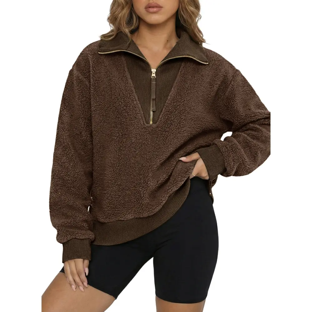 Dokotoo Women Long Sleeve Fleece Half Zip Up Solid Pullover Sweatshirt Casual Pullover Collared Neck Oversized Sweatshirt