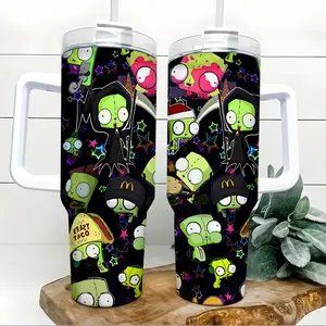 Invader Zim 40oz Tumbler with Handle and Straw Dark Cartoon Alien Style 304 Stainless Steel Insulated Travel Mug Keeps Cold 24H Hot 12H Large Capacity Coffee Water Cup for Fans Gym Car Office