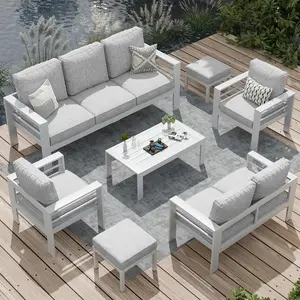 【3 to 4 Packages Shipping】7-Piece Modern Aluminum Patio Set – Includes Coffee Table & Dark Grey Cushions – For Porch, Balcony, Lawn, or Garden