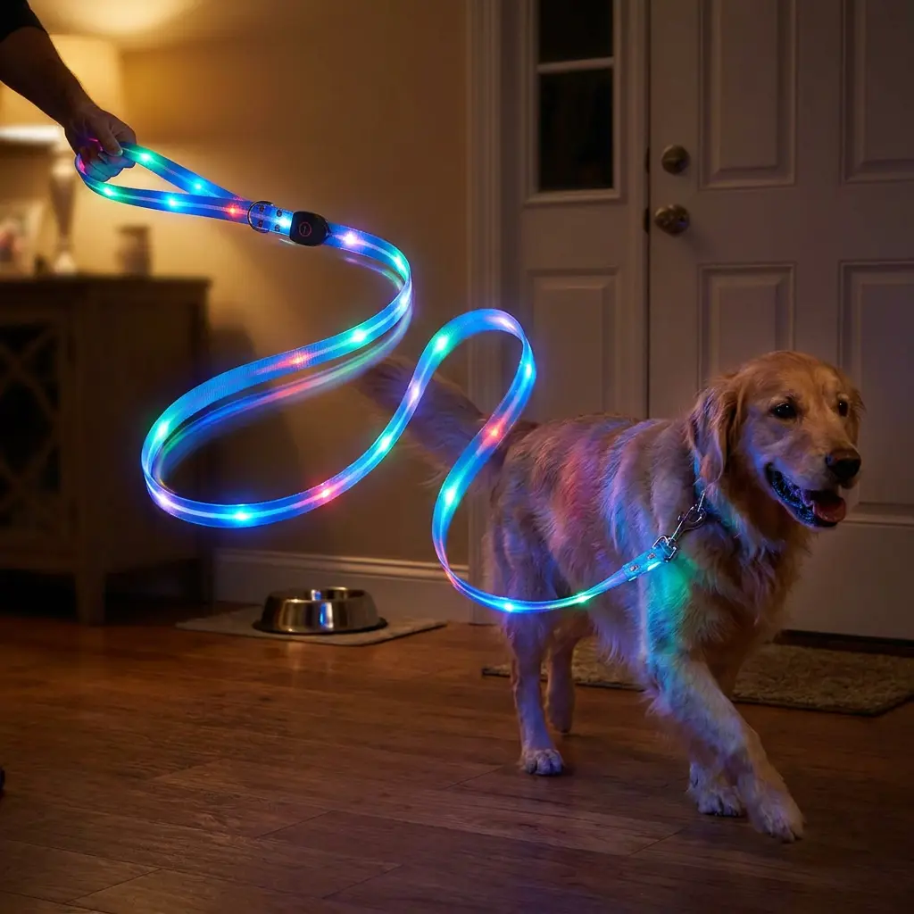 LED Light-Up Pet Leash with 5-Color Light Strip, Glowing Safety Dog Collar, USB Rechargeable Personalized Harness for Puppies