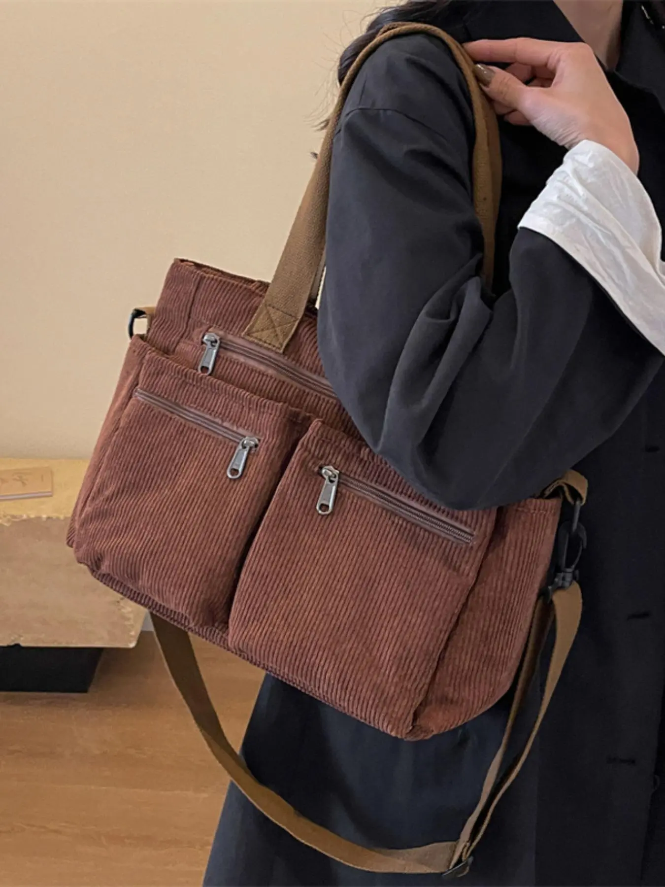 Women's Solid Color Zipper Tote Bag, Large Capacity Multi-pocket Portable Shoulder Bag, Casual Trendy Versatile High-quality Daily Commuting Bag, Business Style Tote Women's Solid Color Zipper Tote Bag, Large Capacity Multi-pocket Portable Shoulder Bag, Casual Trendy Versatile High-quality Daily Commuting Bag, Business Style Tote