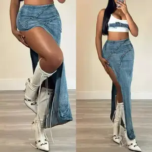 summer spring clothes Denim Irregular Skirt Women High Waist Stretch Distressed Washed Zipper Mom Jeans Sexy Club Vintage Long Skirts 2025 Streetwear