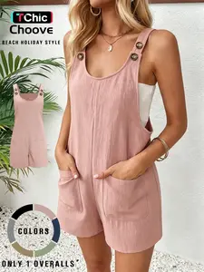 Women's Casual Basic Plain Sleeveless Overalls with Adjustable Buttons and Two Patch Pockets, Short Fitted Design, Perfect for Daily Wear and Beach Holidays, Womenswear