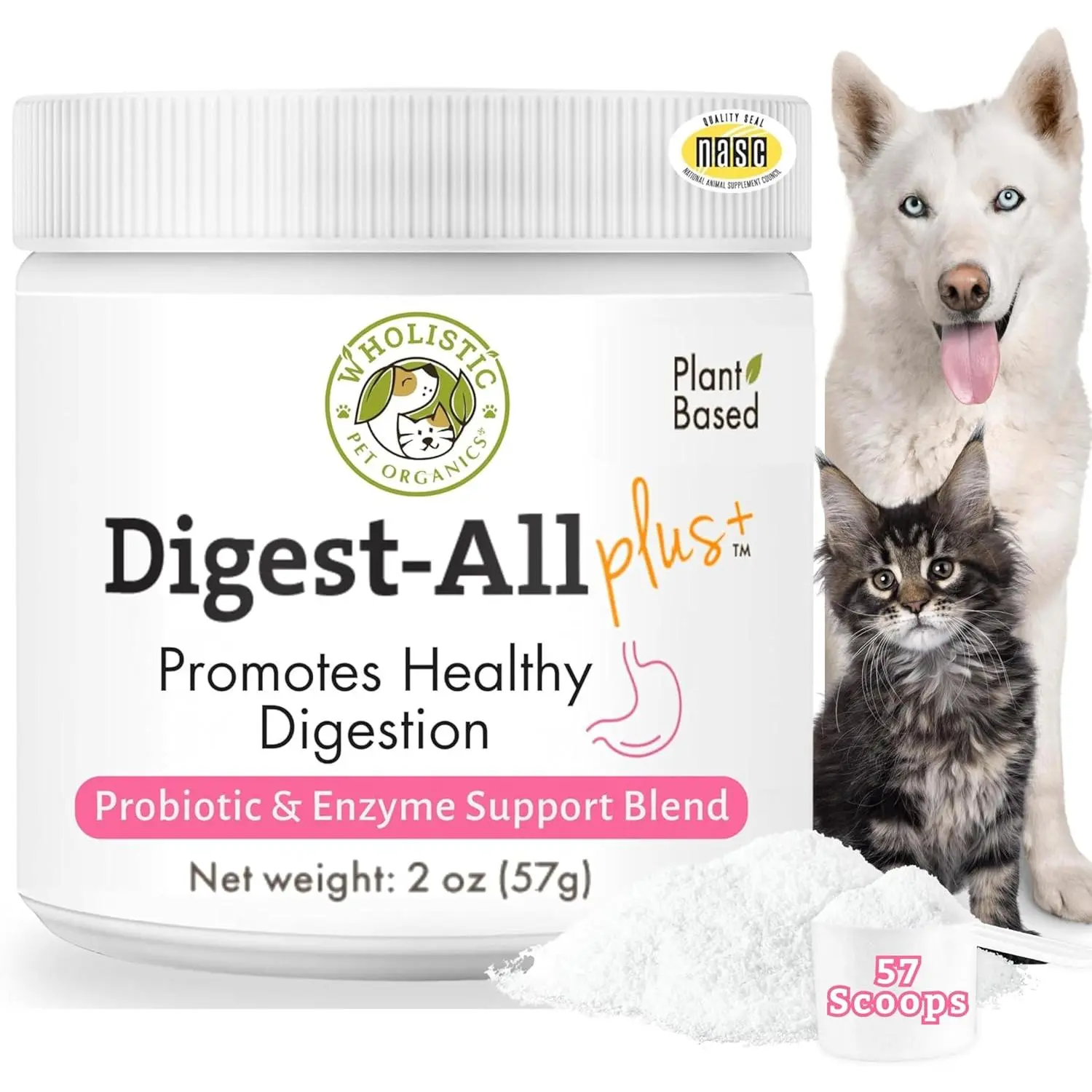 Daily Cat & Dog Probiotics for Digestive Health, Anti Diarrhea & Gut Support - Probiotics for Dogs with Digestive Enzymes & Prebiotic Fiber - Cat Probiotic - 2 Oz - 57 Scoops