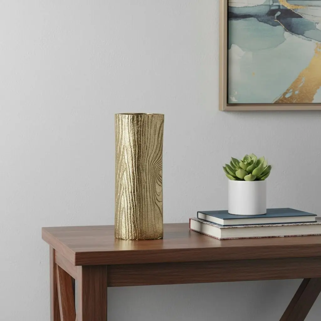 360 Stand 15 in. Gold Oval Aluminum Decorative Vase, Floral Table Centerpiece & Flower Holder for Living Room Home Decoration, Wood-Inspired Home Decor Gift, Gift Idea, Durable