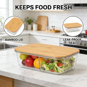 Glass Food Storage Container with Bamboo Lid, 1040ml Rectangular Meal Prep Container, Borosilicate Glass Lunch Box, Eco-Friendly Kitchen Organizer, Microwave & Oven Safe Bento Box.