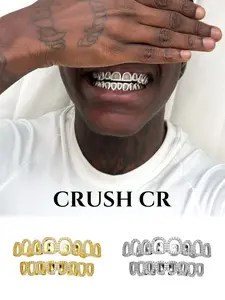 CRUSH CR Iced Out Open Face Grillz Set,18K Gold Plated with 5A CZ Stones, Top and Bottom Dental Grills in Gold and Silver Options, Perfect for Hip Hop Concerts, Club Nights and Streetwear Flex Fits, Ideal for Rappers and Trendsetters