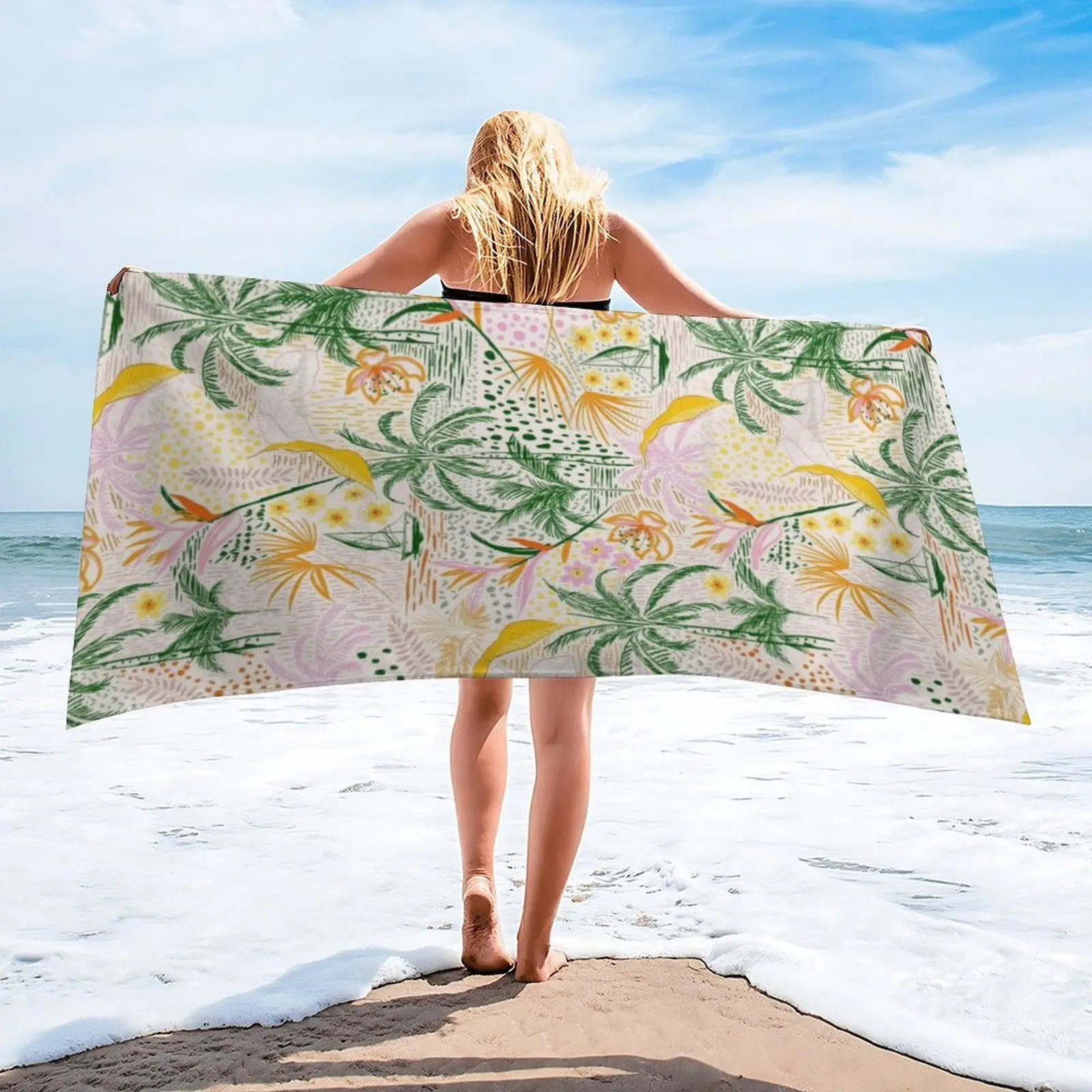 Microfiber Beach Towel for Adults - Sand Free Oversized Towel, Quick Dry & Super Absorbent Travel Towel, Light Background Green Palm Leaf & Tropical Floral Print Lightweight Large Bath Towel for Swimming, Pool, Gym, Yoga, Camping, Cruise Essentials